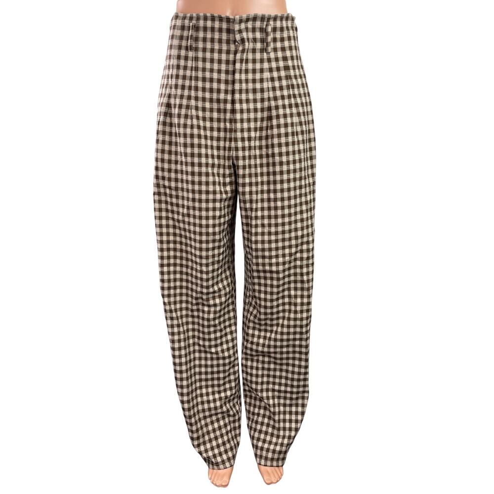 12Th Tribe Women's Brown Gingham Check Wide Leg Baggy Trousers Pants Size S